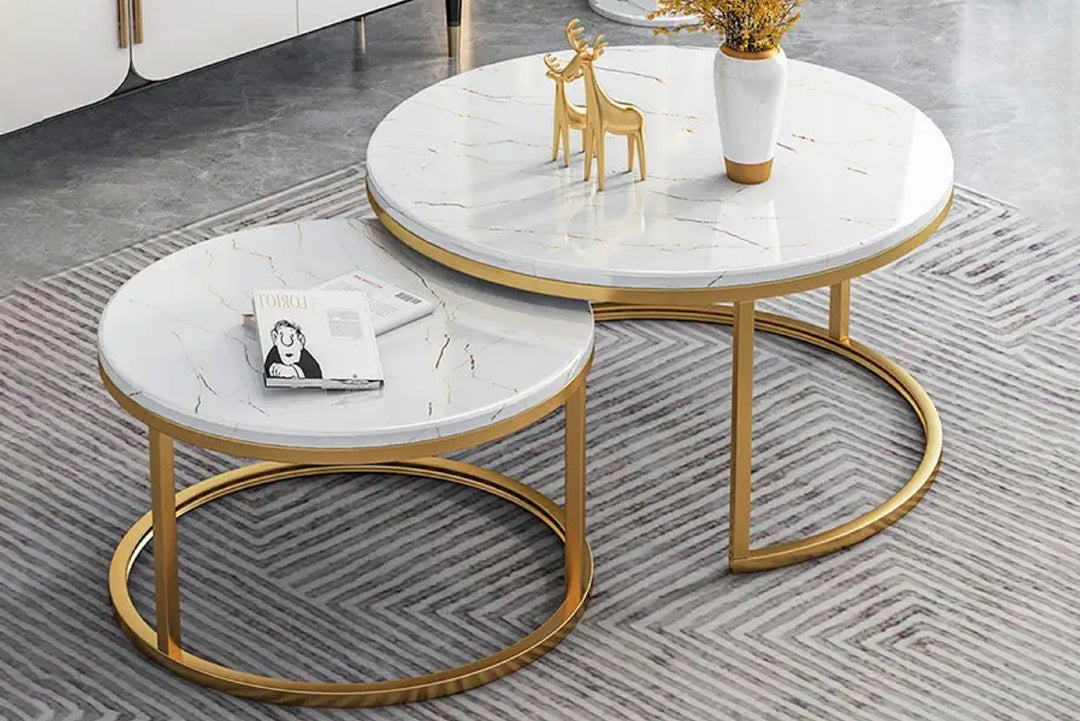 Proto Nesting Coffee Table with Marble Top and Stainless Steel Gold Base