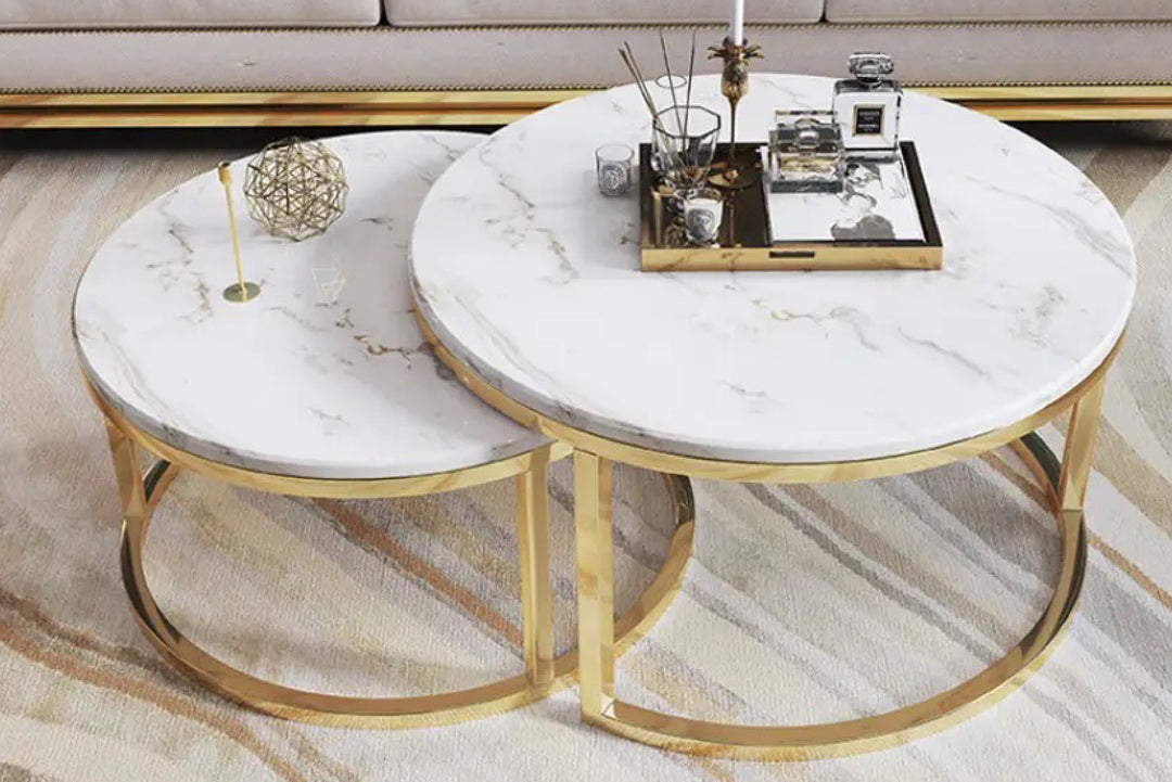 Proto Nesting Coffee Table with Marble Top and Stainless Steel Gold Base