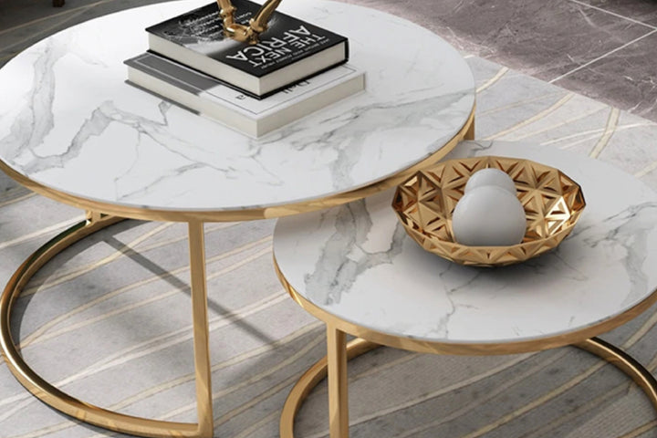 Proto Nesting Coffee Table with Marble Top and Stainless Steel Gold Base