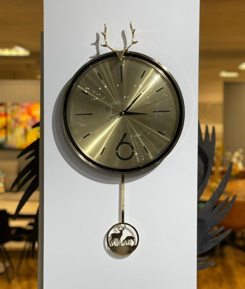 Deer Head Gold and Red Pendulum Wall Clock  33cm
