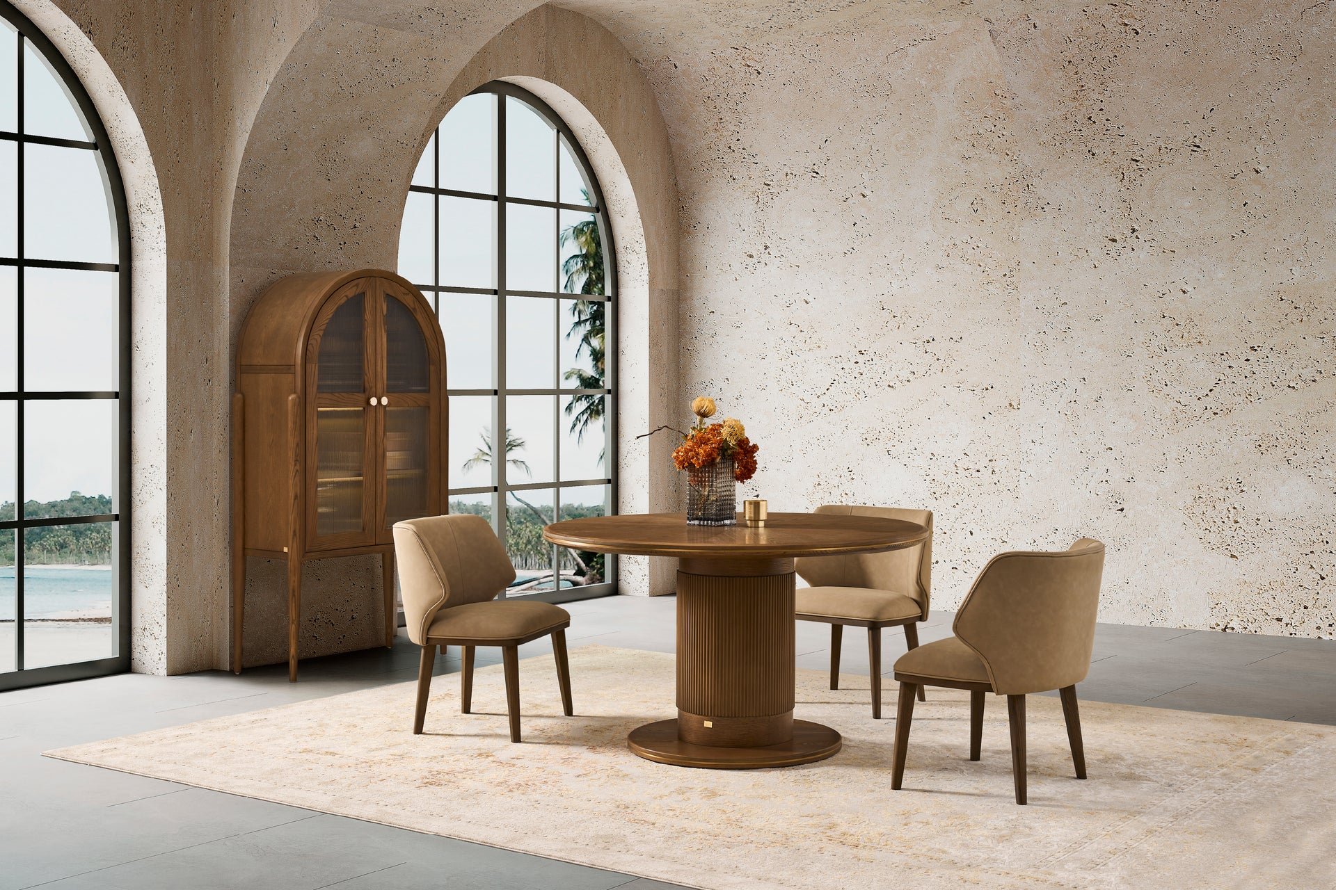 Roma Ash Veneer Round Dining Table in Walnut Brown Colour