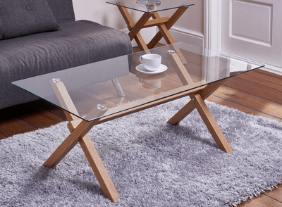 Sydney Glass Top Coffee Table with Tempered Glass and Rubber Wood Legs