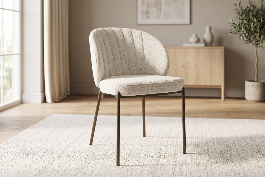 Selena Boucle Dining Chair – Curved Back with Stainless Steel Legs