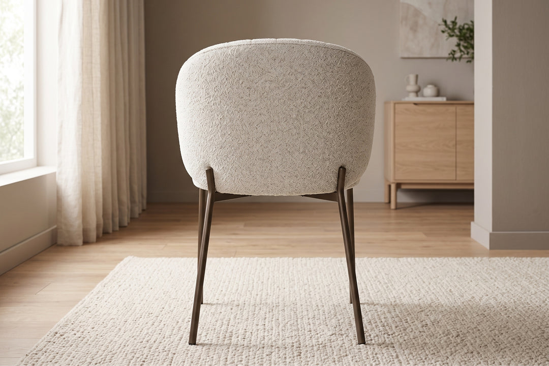 Selena Boucle Dining Chair – Curved Back with Stainless Steel Legs