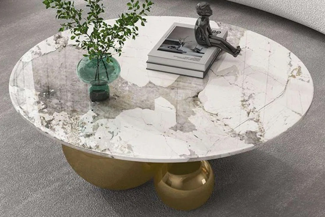 Spigola Round Coffee Table with Sintered Stone Top and Stainless Steel Base