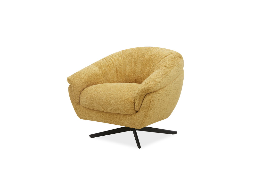 Yellow armchair with a black swivel base on a white background