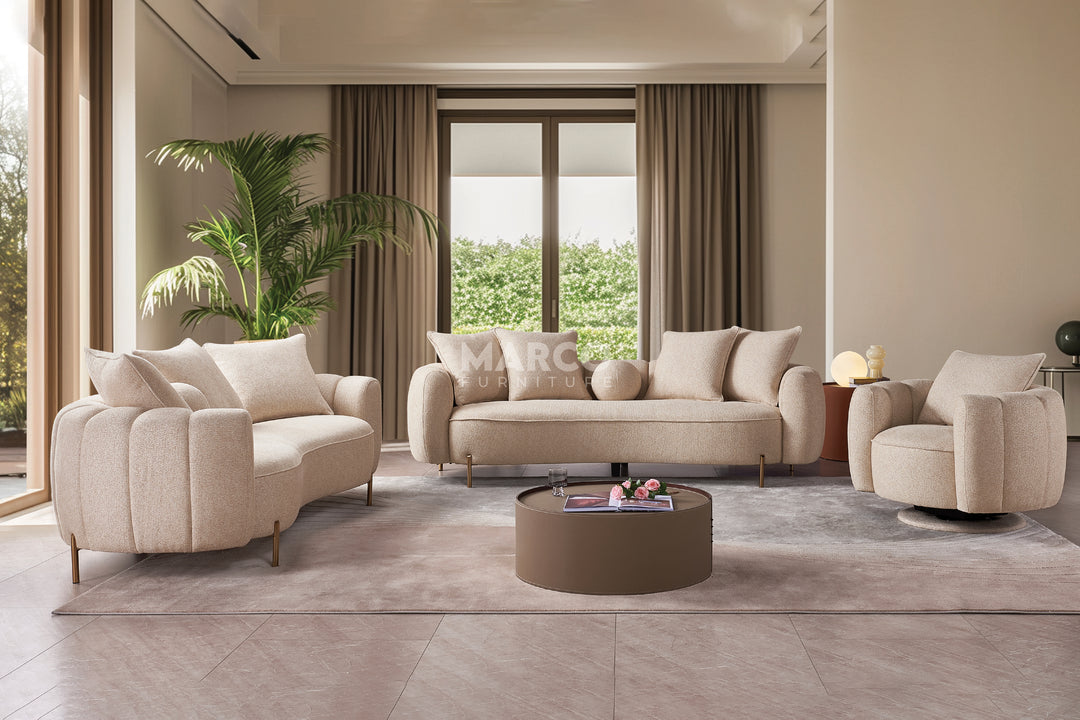 Modern living room with beige sofa set and decorative elements