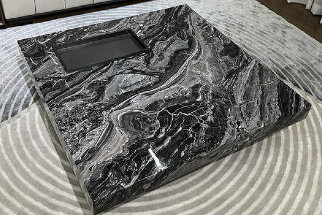 Black and gray marbled surface with a rectangular cutout.