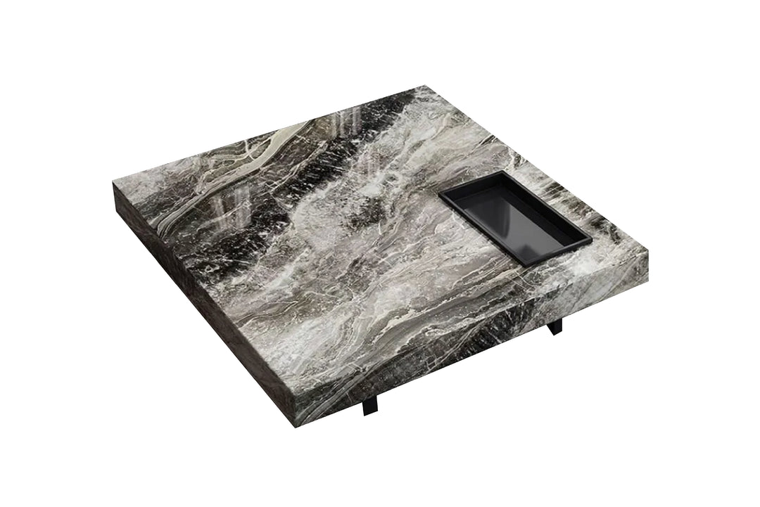 Marble-patterned coffee table with a black tray on a white background