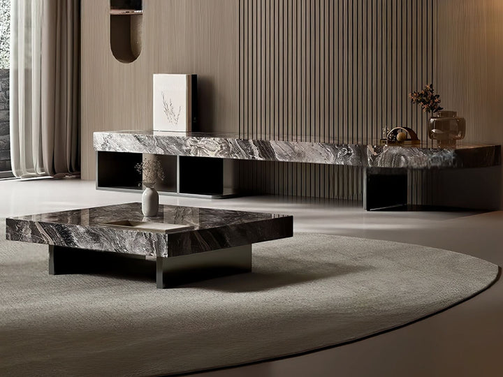 Modern marble coffee table in a living room setting.