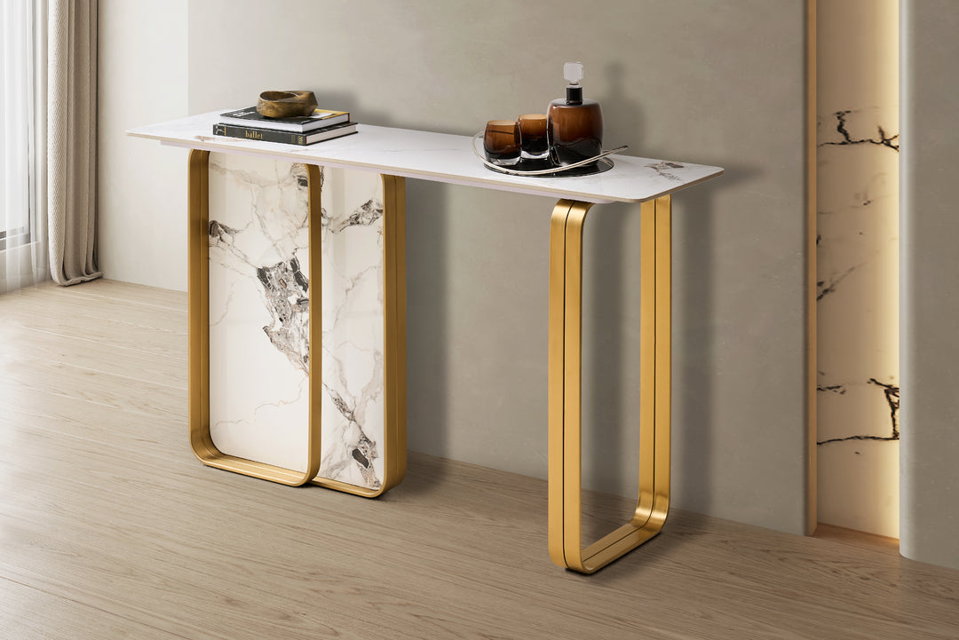 Modern console table with marble and gold design in a room setting