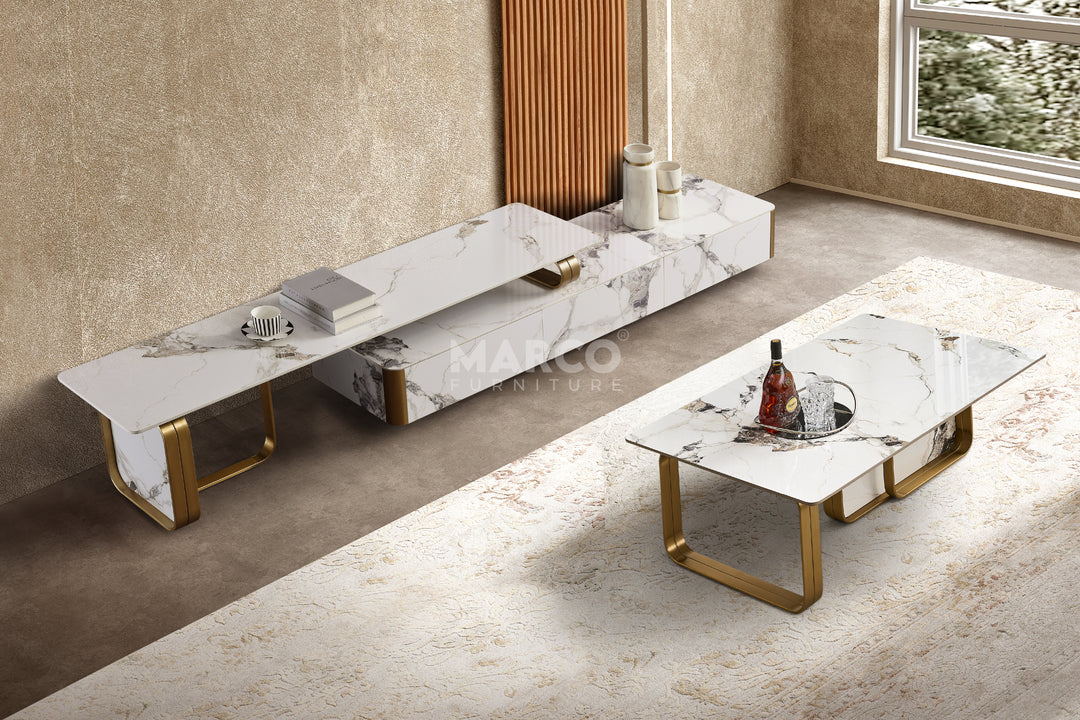 Vittoria Extendable Sintered Stone TV Unit -  Gold Stainless Steel Base
