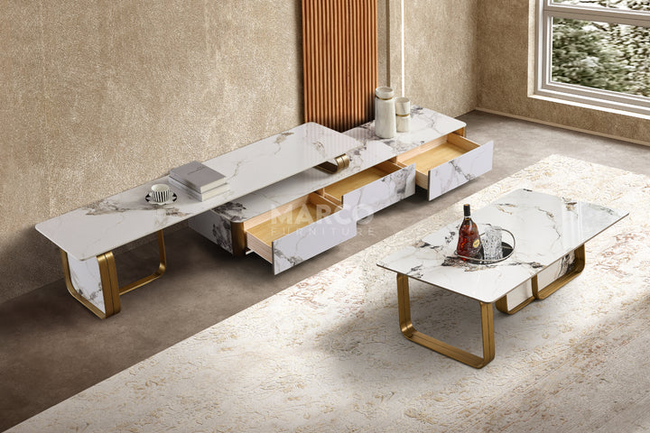 Vittoria Extendable Sintered Stone TV Unit -  Gold Stainless Steel Base
