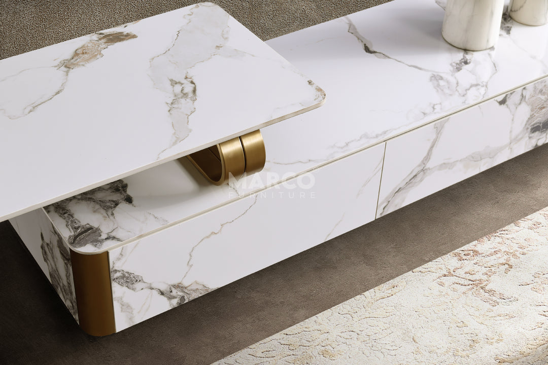 Vittoria Extendable Sintered Stone TV Unit -  Gold Stainless Steel Base