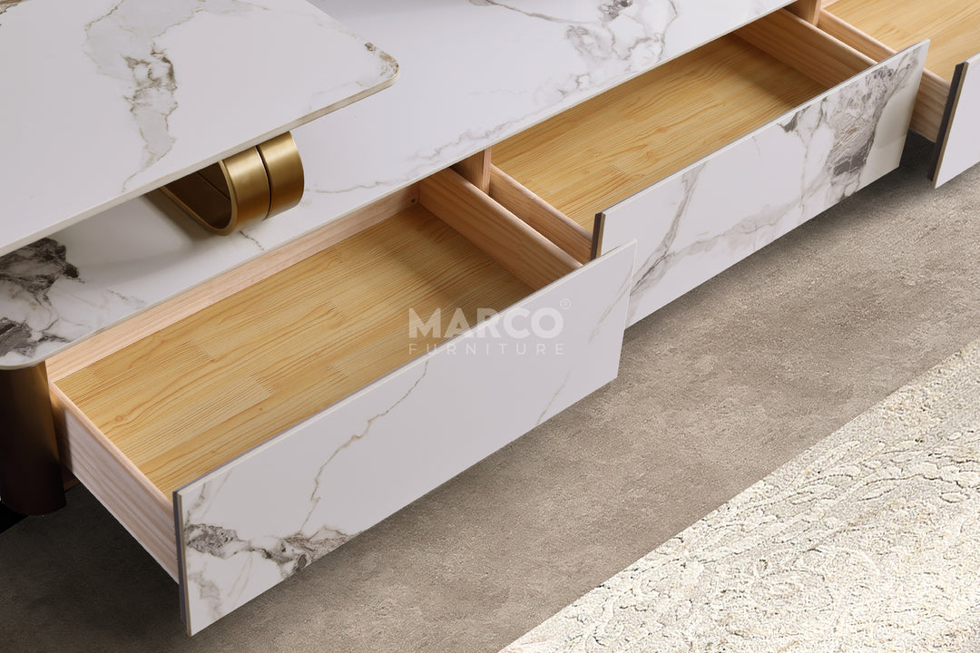 Vittoria Extendable Sintered Stone TV Unit -  Gold Stainless Steel Base