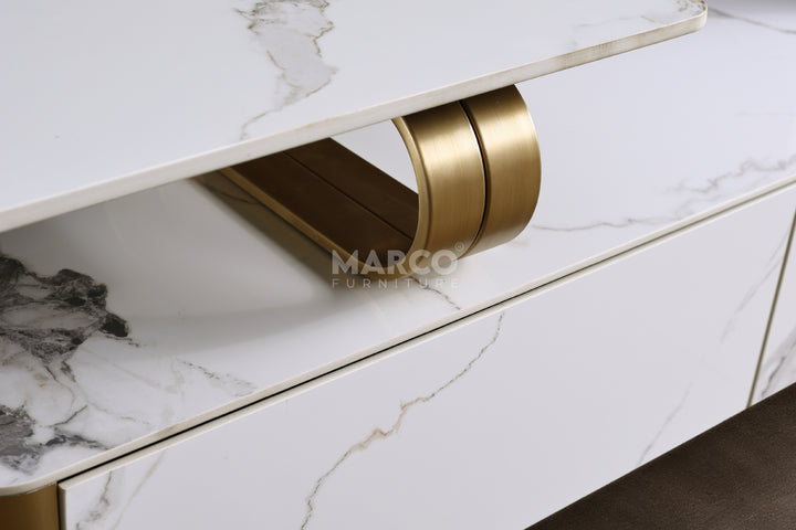 Vittoria Extendable Sintered Stone TV Unit -  Gold Stainless Steel Base