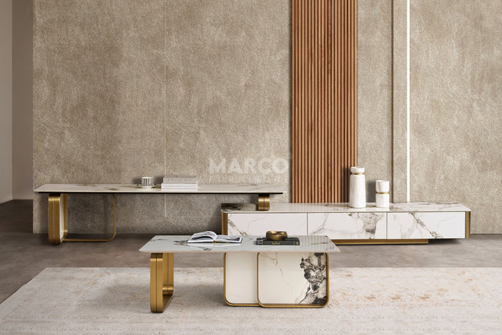 Vittoria Extendable Sintered Stone TV Unit -  Gold Stainless Steel Base