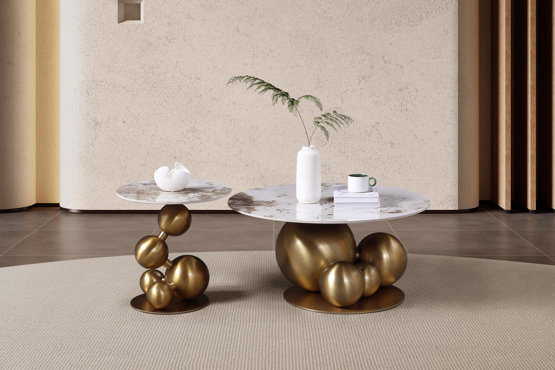 Bruno Sintered Stone Top Side Table with Gold Steel Base