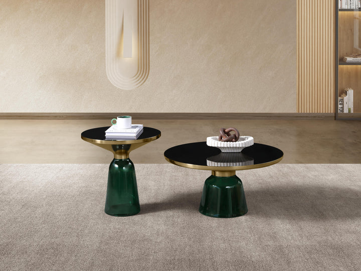 Bell Round Glass Coffee Table (GREEN) with Hand-Blown Glass Base (Set of 2)