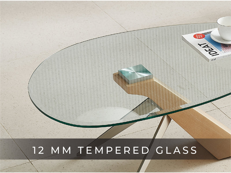 Arco Glass Coffee Table with Ash Wood Base and 12mm Tempered Glass Top