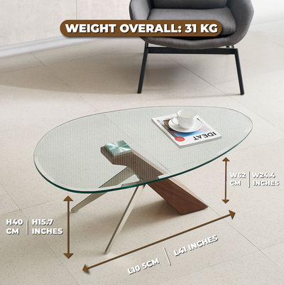 Arco Glass Coffee Table in Walnut Color with 12mm Tempered Glass Top - Marco Furniture