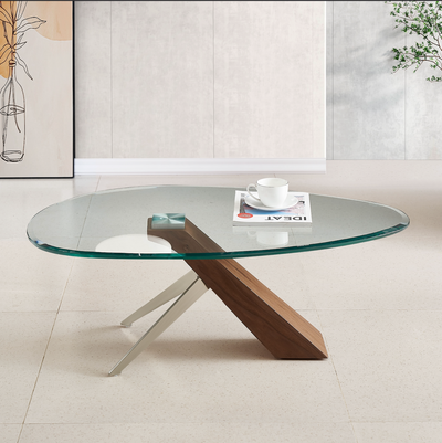 Arco Glass Coffee Table in Walnut Color with 12mm Tempered Glass Top - Marco Furniture