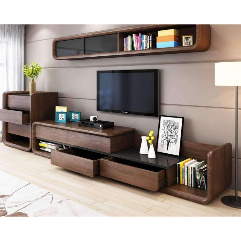 Arlon Extendable TV Unit in Walnut and Black with Tempered Glass, 4 Drawers And Open Compartment