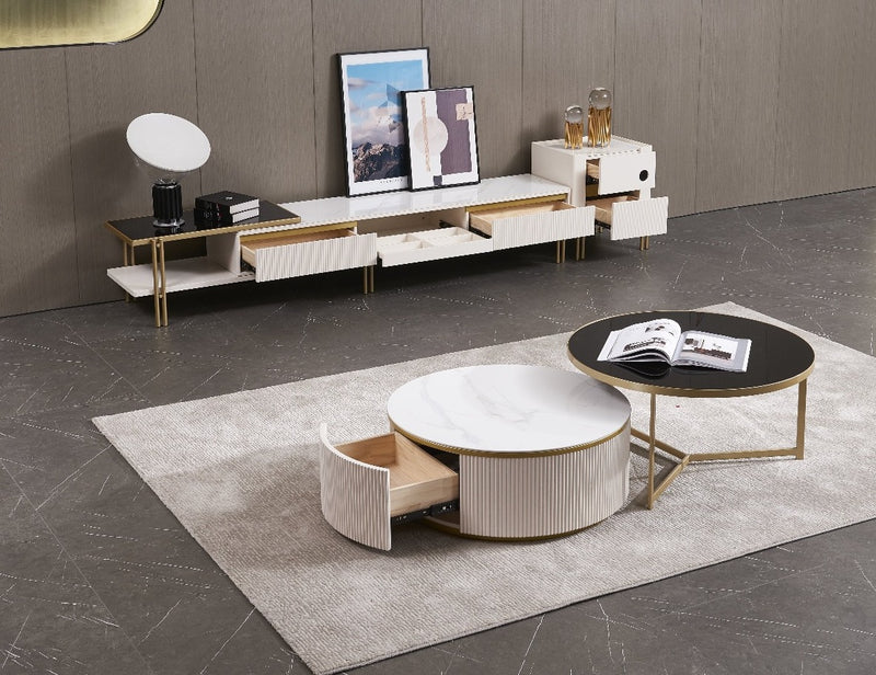 Austin Round Coffee Table Set in Matte Finish with Golden Metal Legs, Ceramic Top, and Silent Wood Drawers