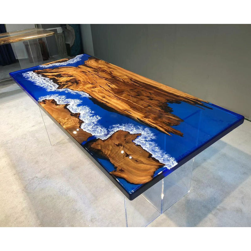 Ave Blue Epoxy Resin Dining Table Camphor Wood