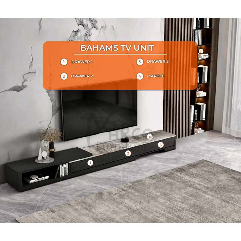 Bahamas Extendable TV Unit with High-Quality Ceramic Top (Black & Olive)