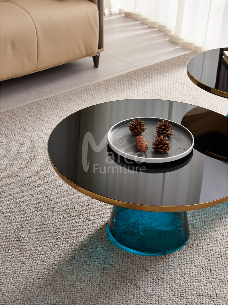 Bell Round Glass Coffee Table BLUE with Hand-blown glass base (Set of 2)