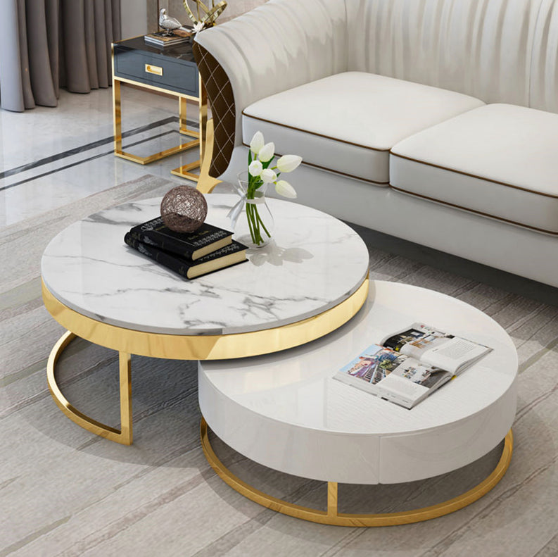 Bulgaria Marble Round Coffee Table with Gold Metal Base (Set of 2)