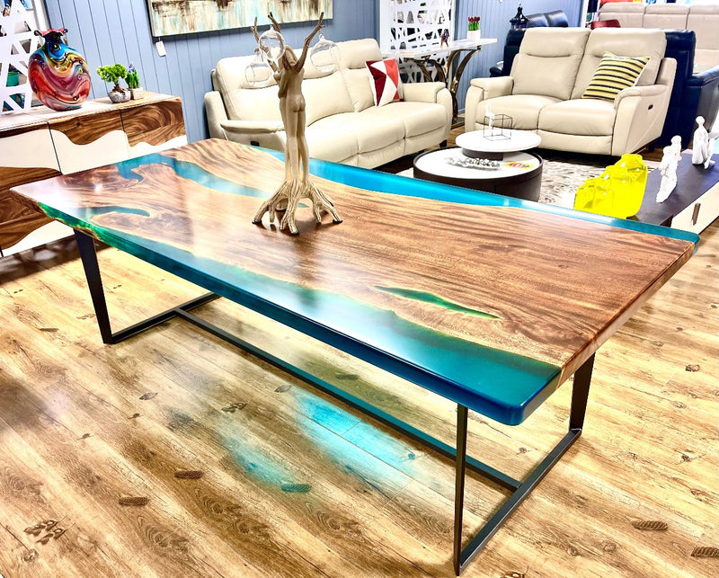 Capri Blue Epoxy Resin Dining Table with Solid US Walnut