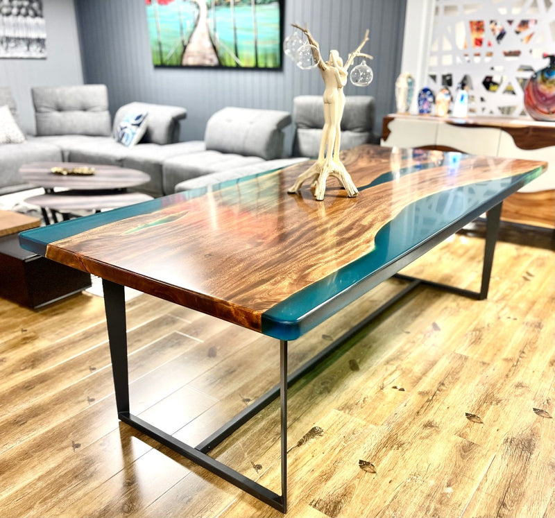Capri Blue Epoxy Resin Dining Table with Solid US Walnut
