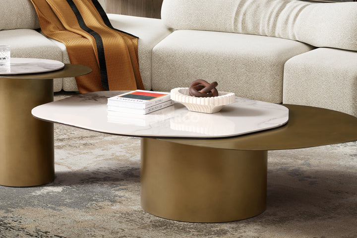 Capri Chanel Sintered Stone Modern Coffee Table - Gold Cylindrical Base