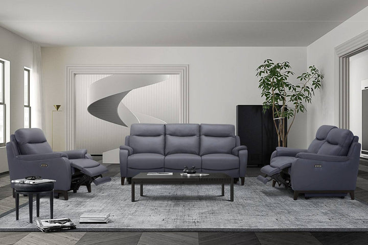 Gray sofa set with matching armchairs in a modern living room.