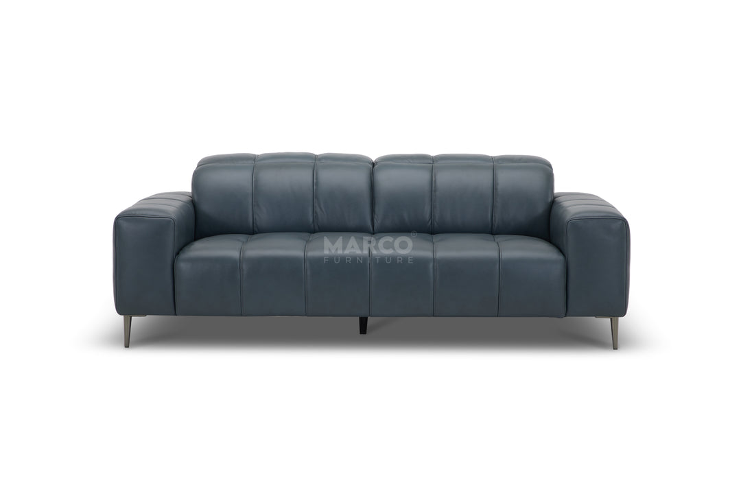 Blue sofa with 'MARCO' branding on a white background