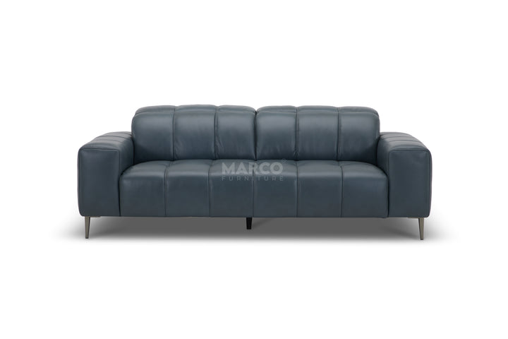 Blue sofa with 'MARCO' branding on a white background