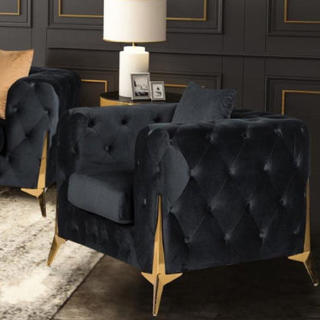 Marcus Velvet Chesterfield Sofa – Black Tufted Lounge with Gold Legs