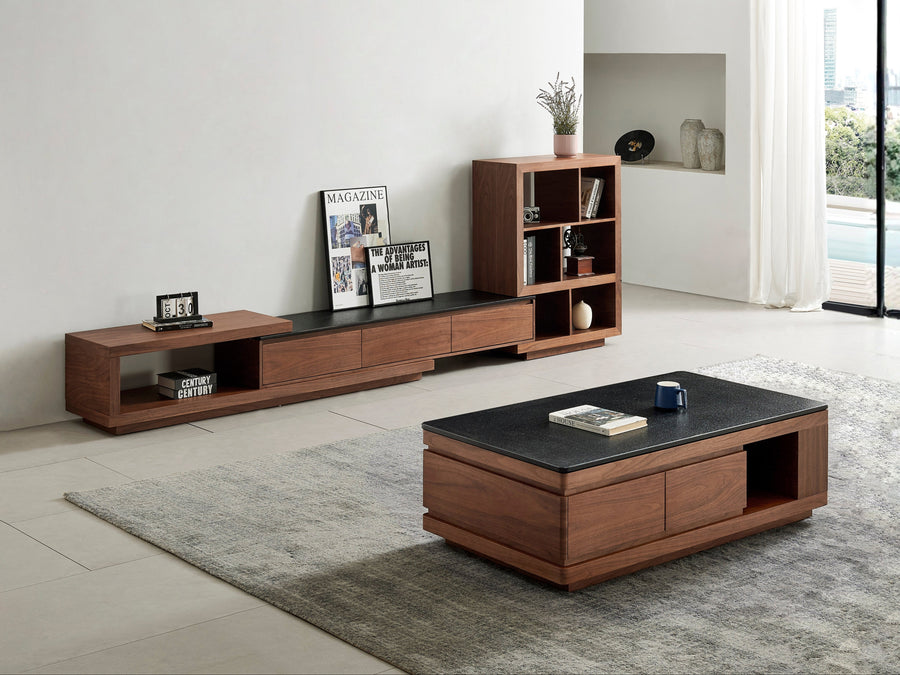 Coco Extendable TV Unit with Black Burnt Stone Top