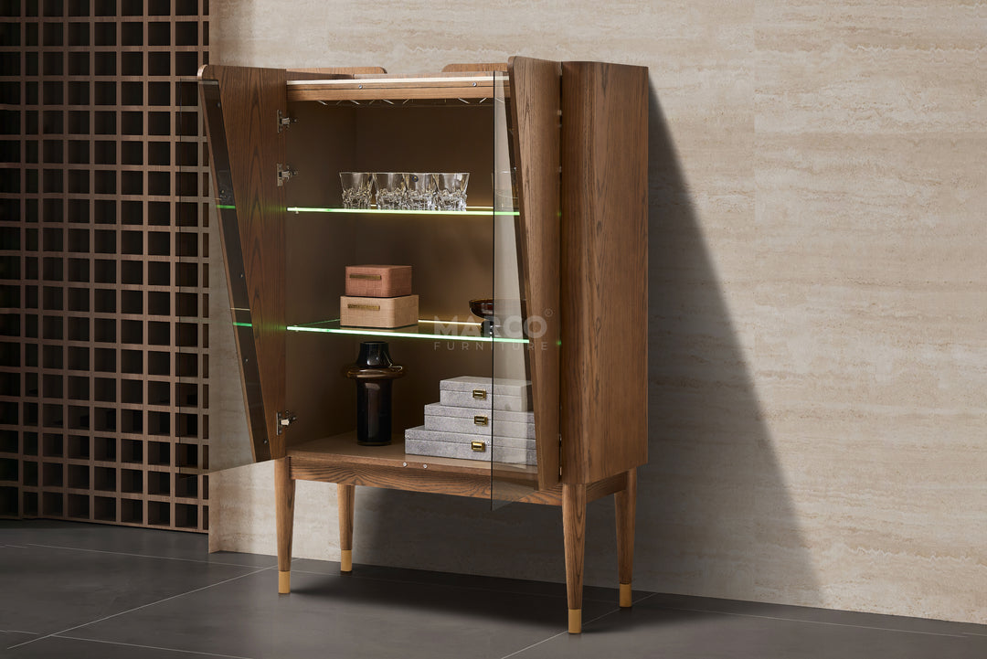 Wooden cabinet with glass shelves against a tiled wall