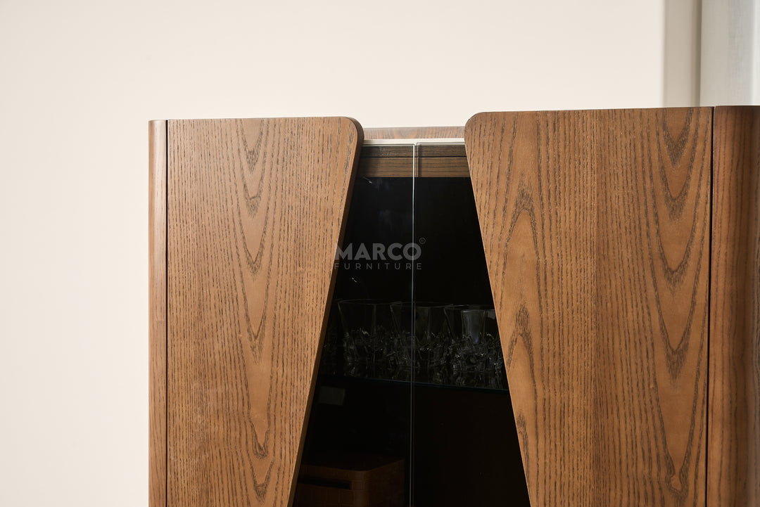 Wooden cabinet with a glass panel displaying the brand 'MARCO' on a white background