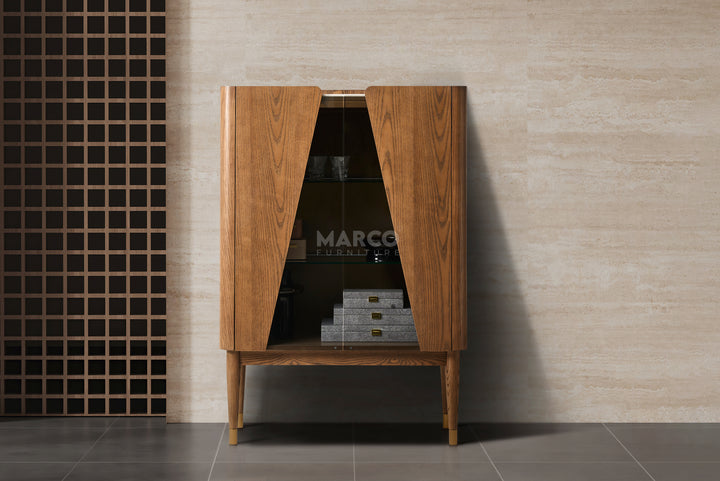 Wooden cabinet with 'Marco' branding against a tiled wall.