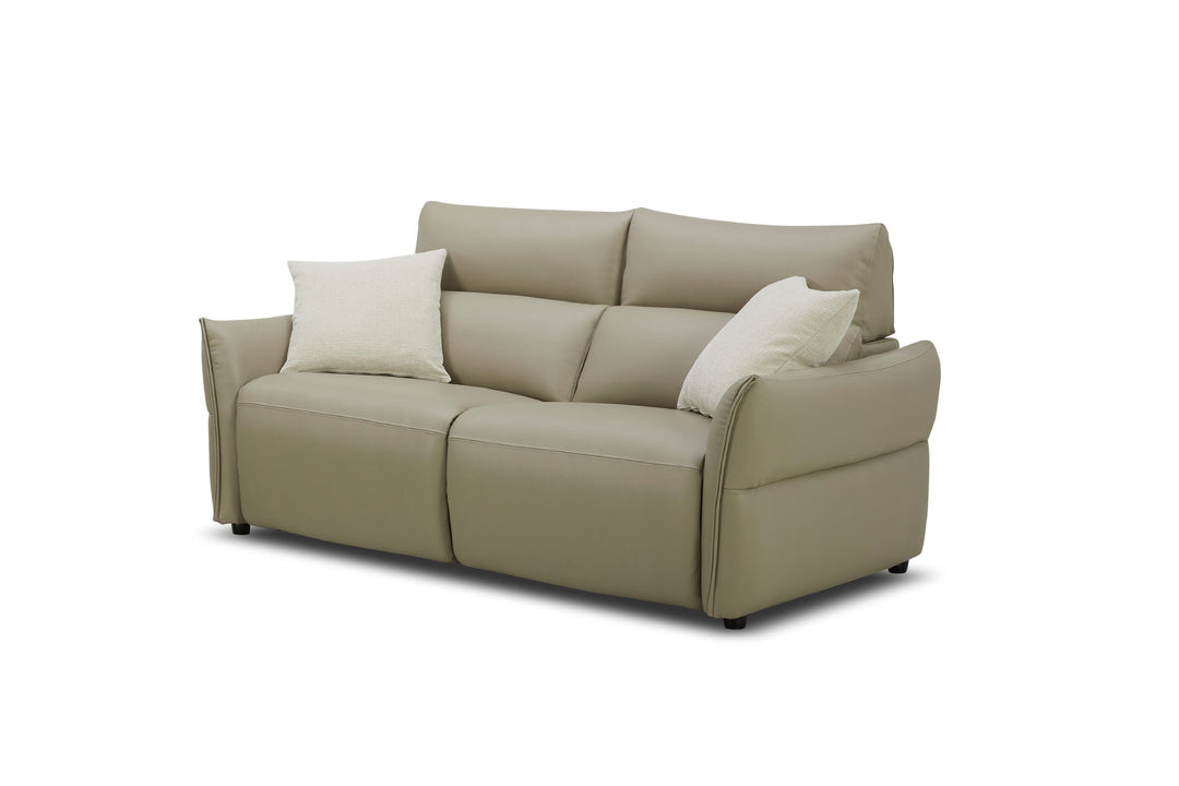 Beige sofa with white cushions on a white background