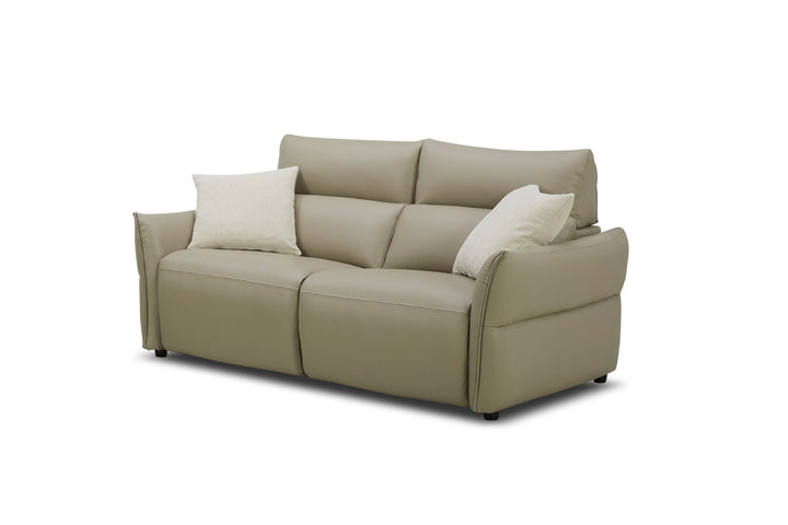 Beige sofa with white cushions on a white background