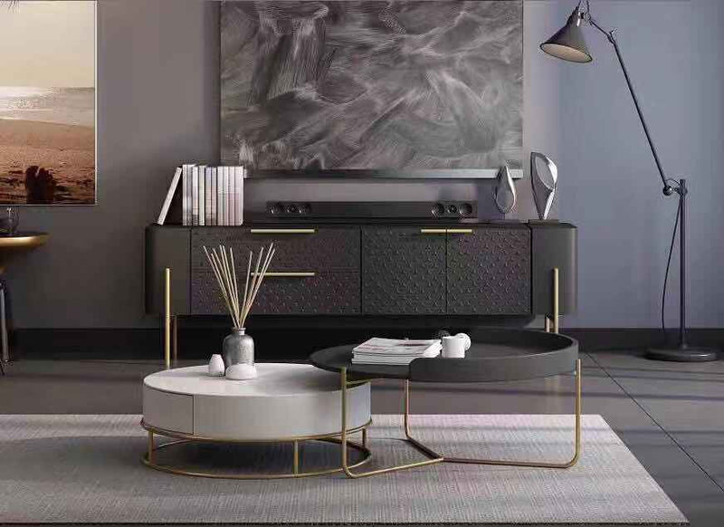 Diego Swivel Nesting Coffee Table Set with Gold Metal Base and Silent Wood Drawer