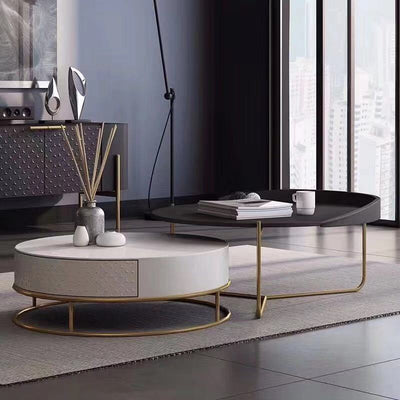 Diego Swivel Nesting Coffee Table Set with Gold Metal Base and Silent Wood Drawer