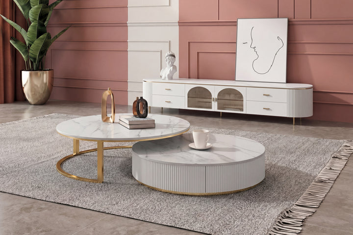 Doyle Ceramic Top TV Unit with Steel Gold Legs and Drawers