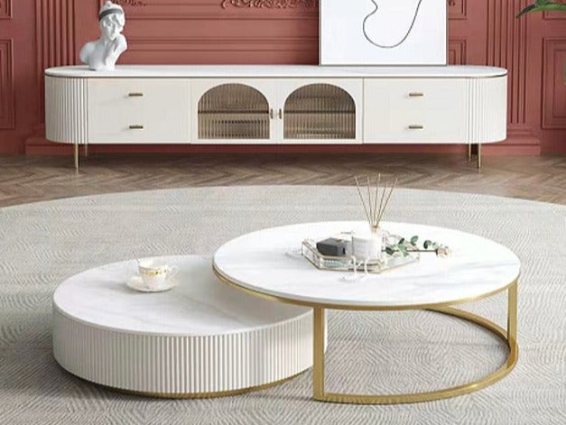 Doyle Round Coffee Table Set with Gold Metal Base, Spanish Ceramic Top, and Silent Wood Drawer (Set of 2)
