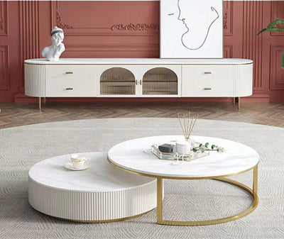 Doyle TV Unit with drawers, Steel Gold Base and Ceramic Top